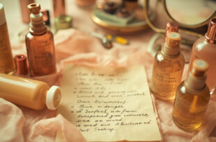 Hair care bottles and styling tools arranged around paper on a vanity surface in warm vintage tones
