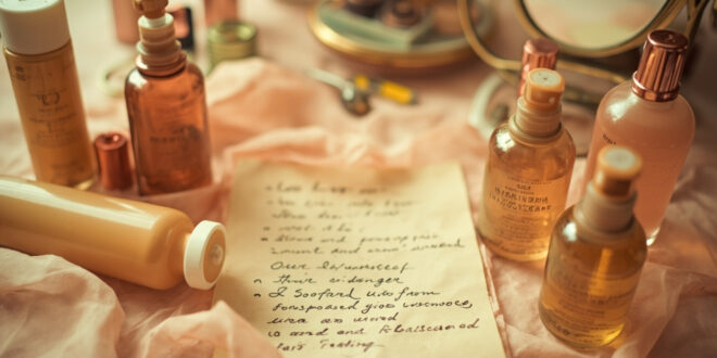 Hair care bottles and styling tools arranged around paper on a vanity surface in warm vintage tones
