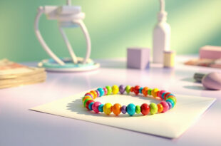 Colorful beaded friendship bracelet on donation envelope beside stacked currency and medical supplies in soft light