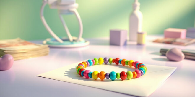 Colorful beaded friendship bracelet on donation envelope beside stacked currency and medical supplies in soft light