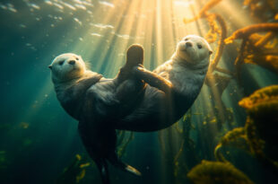 Two sea otters floating on backs in sunlit kelp forest with streaming underwater light rays