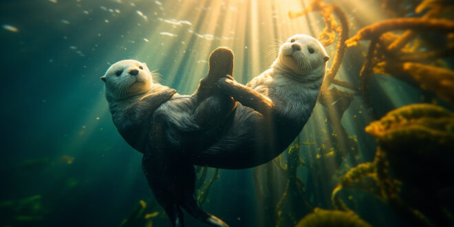 Two sea otters floating on backs in sunlit kelp forest with streaming underwater light rays