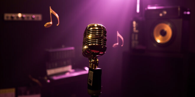 Golden microphone on stand in moody purple-lit recording studio with sparkling light effects around it