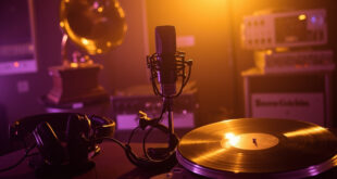 Recording studio microphone with headphones and vinyl records in purple and gold lighting