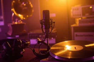 Recording studio microphone with headphones and vinyl records in purple and gold lighting