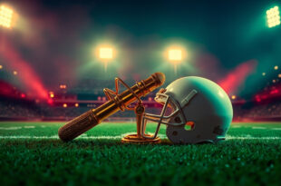 Microphone and football helmet side by side on stadium field under dramatic lighting
