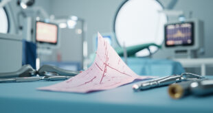 Hospital cardiac monitoring equipment and ECG readout displaying steady heart rhythm in sterile medical environment