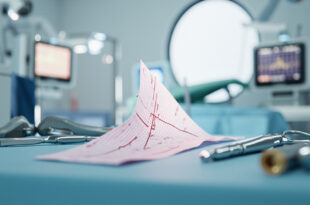 Hospital cardiac monitoring equipment and ECG readout displaying steady heart rhythm in sterile medical environment