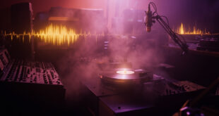 Vintage recording studio with glowing turntable, vinyl record, and sound wave patterns in purple and gold lighting