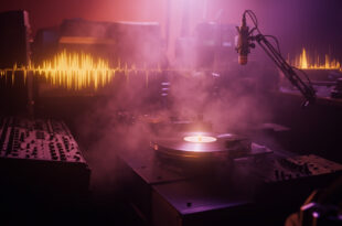 Vintage recording studio with glowing turntable, vinyl record, and sound wave patterns in purple and gold lighting
