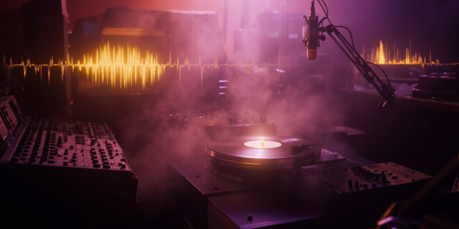 Vintage recording studio with glowing turntable, vinyl record, and sound wave patterns in purple and gold lighting