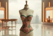 Floral corseted garment with jeweled collar on dress form against television studio backdrop