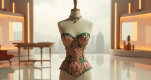 Floral corseted garment with jeweled collar on dress form against television studio backdrop
