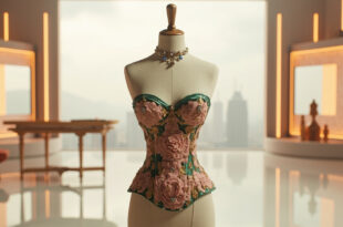 Floral corseted garment with jeweled collar on dress form against television studio backdrop