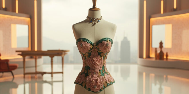 Floral corseted garment with jeweled collar on dress form against television studio backdrop
