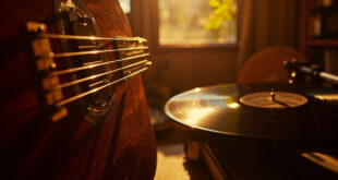 Close-up of wooden guitar body with strings, warm studio lighting, vinyl records and audio equipment in background
