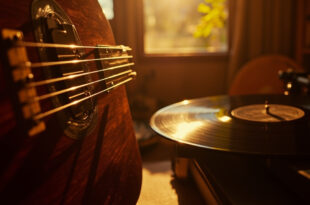 Close-up of wooden guitar body with strings, warm studio lighting, vinyl records and audio equipment in background