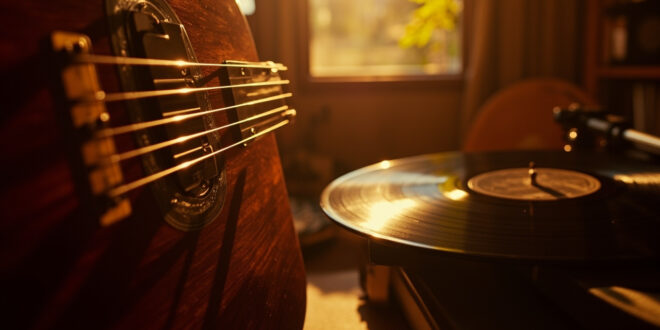 Close-up of wooden guitar body with strings, warm studio lighting, vinyl records and audio equipment in background
