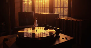 Vinyl record on turntable in warm-lit home studio with album artwork displayed on easel nearby.