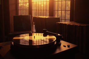 Vinyl record on turntable in warm-lit home studio with album artwork displayed on easel nearby.