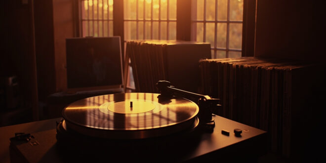 Vinyl record on turntable in warm-lit home studio with album artwork displayed on easel nearby.