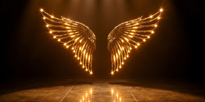 Golden angel wings with glowing bulbs on illuminated fashion runway with dramatic spotlights and reflective floor