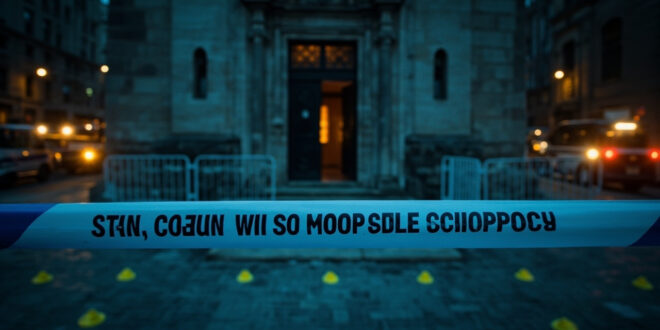 Police cordon tape surrounds synagogue entrance with evidence markers and emergency vehicle lights in background