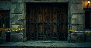 Closed synagogue entrance with heavy wooden doors, metal security barriers, and emergency vehicles in background