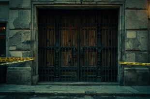 Closed synagogue entrance with heavy wooden doors, metal security barriers, and emergency vehicles in background