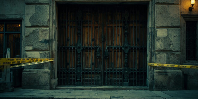 Closed synagogue entrance with heavy wooden doors, metal security barriers, and emergency vehicles in background