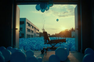 Blue balloons tied to hospital gurney outside entrance at dusk with empty wheelchair and ribbons, one balloon rising skyward.