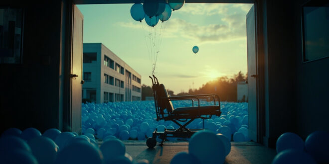 Blue balloons tied to hospital gurney outside entrance at dusk with empty wheelchair and ribbons, one balloon rising skyward.