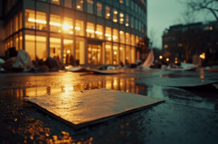 Abandoned protest sign on wet pavement outside modern building at twilight, urban plaza empty