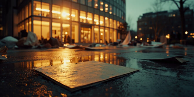 Abandoned protest sign on wet pavement outside modern building at twilight, urban plaza empty