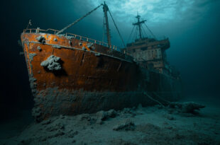 Corroded ship hull fragments and iron rivets resting on dark Atlantic ocean floor surrounded by marine sediment