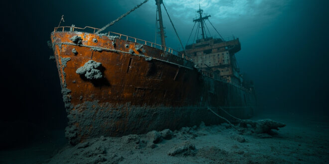 Corroded ship hull fragments and iron rivets resting on dark Atlantic ocean floor surrounded by marine sediment