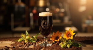 Dark beer glass with creamy foam beside coffee beans and green hop cones on wooden bar surface