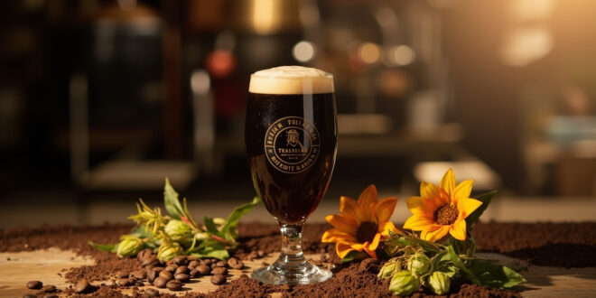 Dark beer glass with creamy foam beside coffee beans and green hop cones on wooden bar surface