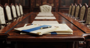 Formal diplomatic documents and ceremonial pen on polished conference table in empty meeting room