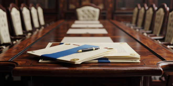 Formal diplomatic documents and ceremonial pen on polished conference table in empty meeting room