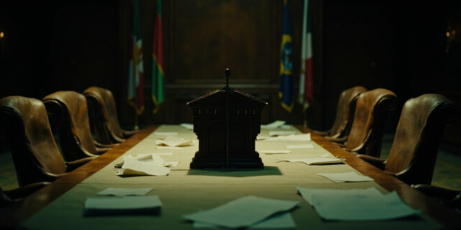 Empty diplomatic conference room with formal table, microphones, and international flags in background