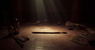 Ornate wooden Saidi dance stick rests alone on empty polished dance floor surrounded by scattered rose petals