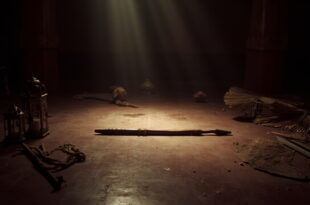 Ornate wooden Saidi dance stick rests alone on empty polished dance floor surrounded by scattered rose petals