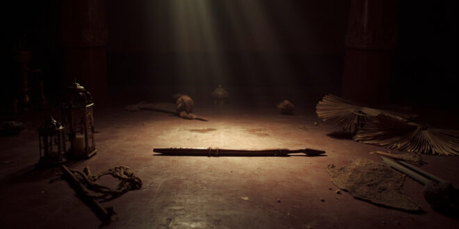 Ornate wooden Saidi dance stick rests alone on empty polished dance floor surrounded by scattered rose petals