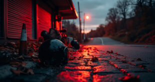 Dark motorcycle helmet abandoned on rain-soaked pavement at twilight with distant highway lights