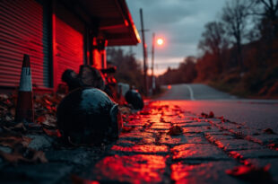 Dark motorcycle helmet abandoned on rain-soaked pavement at twilight with distant highway lights