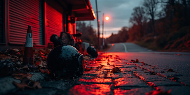 Dark motorcycle helmet abandoned on rain-soaked pavement at twilight with distant highway lights