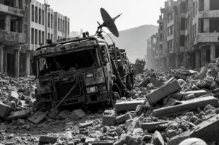 Damaged satellite truck lies amid rubble and broken technical equipment in destroyed media compound