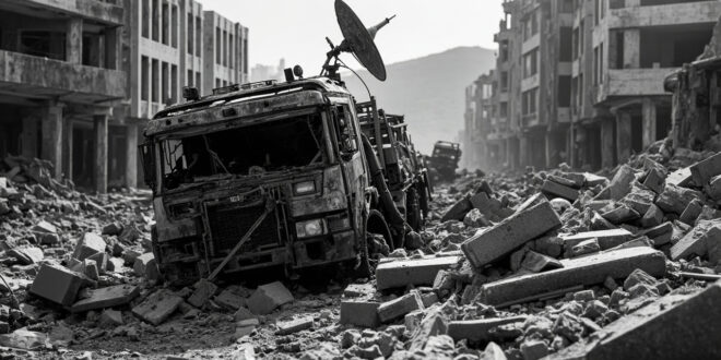 Damaged satellite truck lies amid rubble and broken technical equipment in destroyed media compound