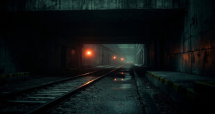 Empty railway tracks beneath concrete pedestrian bridge with emergency lights and investigation equipment scattered nearby